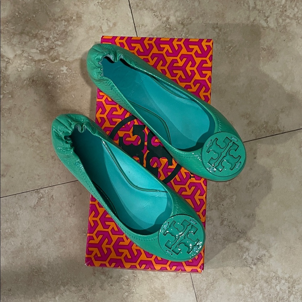 Tory Burch Teal Flats with Logo Detail